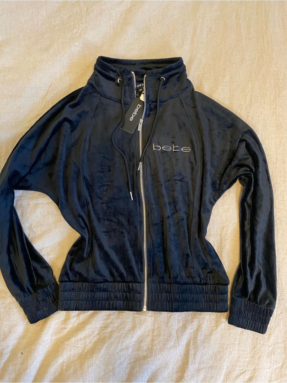 bebe Black Velour Zip-Up Jacket with Rhinestone Logo M NWT